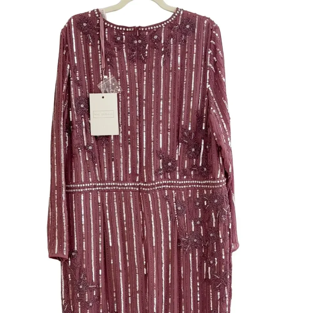 Mac Duggal Long Sleeve Embellished Tea Length Dress 18 Pink NWT Style 93627